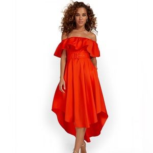 Flying Tomato Off-The-Shoulder Belted Handkerchief Dress